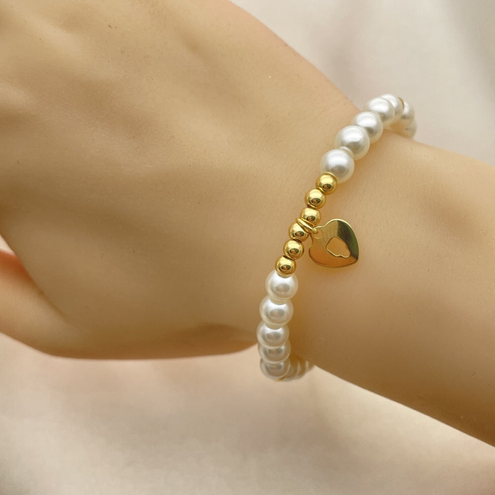 Oro Laminado Fancy Bracelet, Gold Filled Style Heart and Ball Design, with Ivory Pearl, Polished, Golden Finish