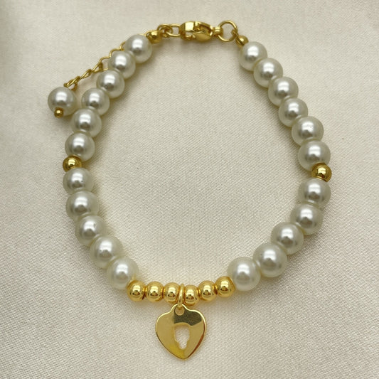 Oro Laminado Fancy Bracelet, Gold Filled Style Heart and Ball Design, with Ivory Pearl, Polished, Golden Finish