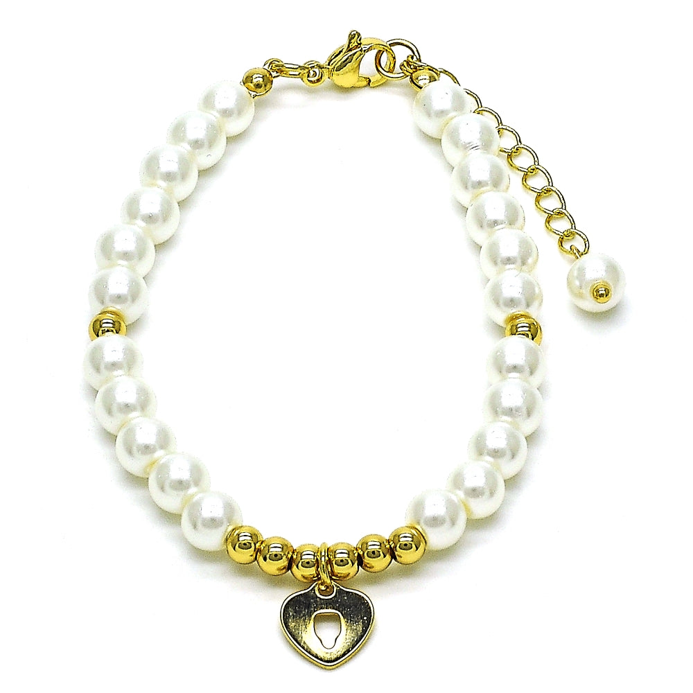 Oro Laminado Fancy Bracelet, Gold Filled Style Heart and Ball Design, with Ivory Pearl, Polished, Golden Finish