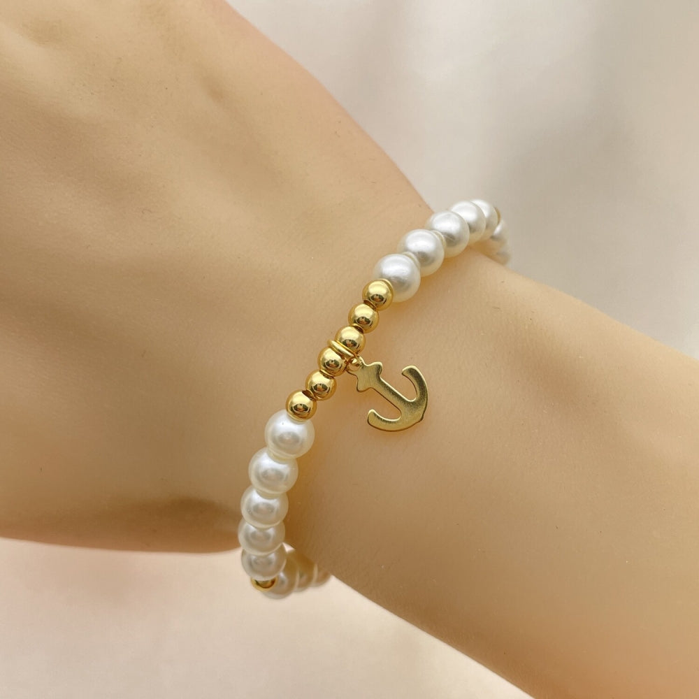 Oro Laminado Fancy Bracelet, Gold Filled Style Anchor and Ball Design, with Ivory Pearl, Polished, Golden Finish