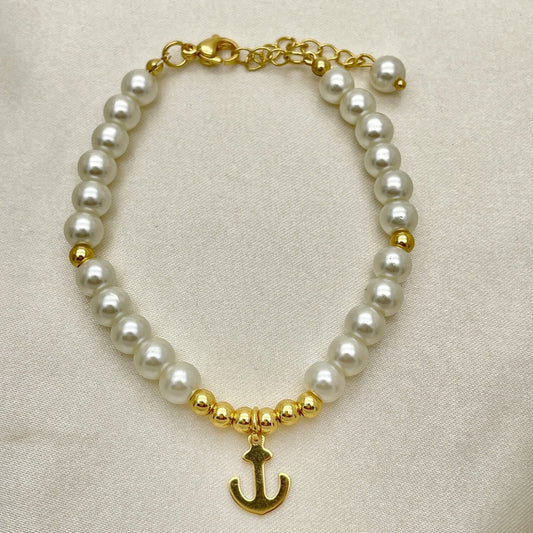 Oro Laminado Fancy Bracelet, Gold Filled Style Anchor and Ball Design, with Ivory Pearl, Polished, Golden Finish
