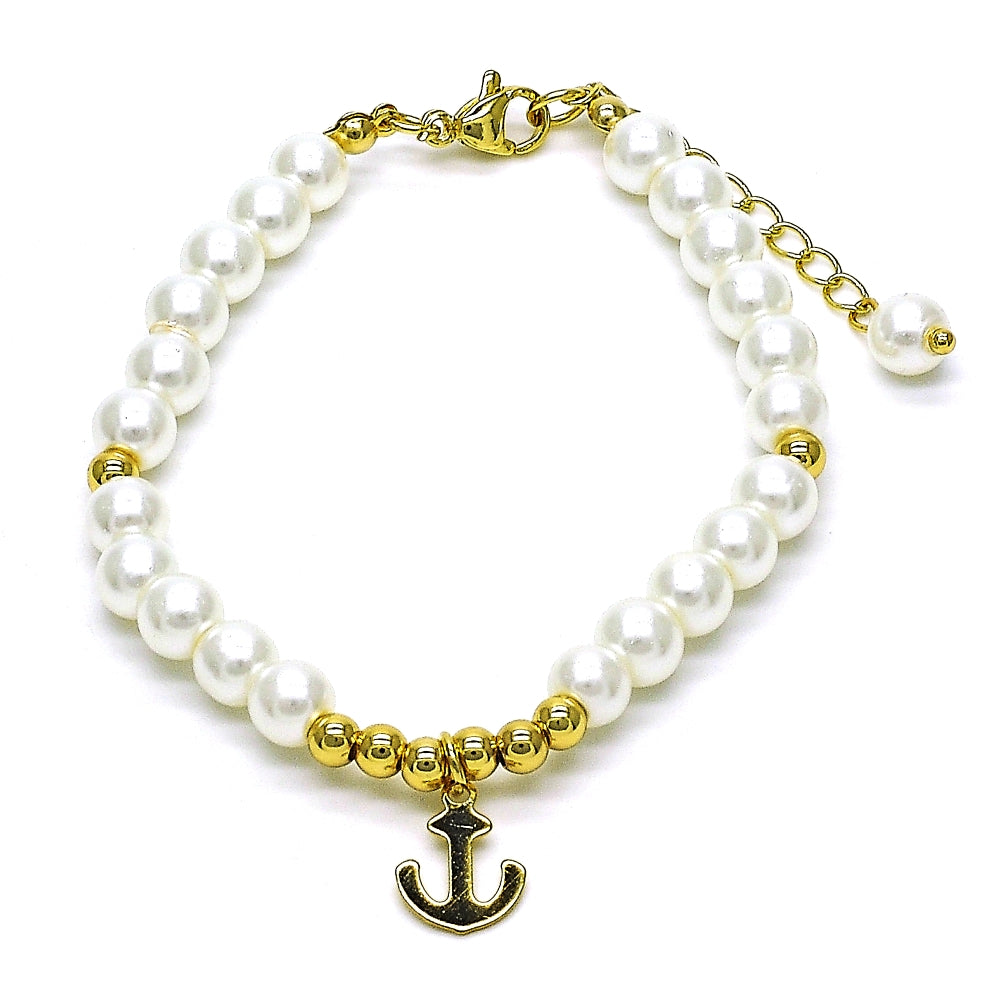 Oro Laminado Fancy Bracelet, Gold Filled Style Anchor and Ball Design, with Ivory Pearl, Polished, Golden Finish