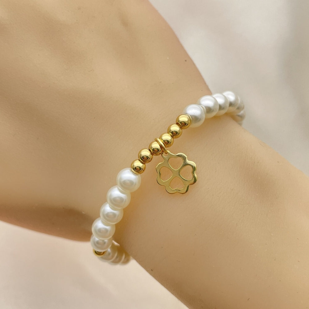 Oro Laminado Fancy Bracelet, Gold Filled Style Four-leaf Clover and Ball Design, with Ivory Pearl, Polished, Golden Finish