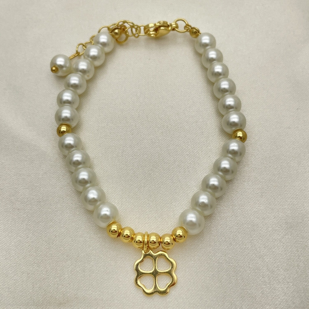 Oro Laminado Fancy Bracelet, Gold Filled Style Four-leaf Clover and Ball Design, with Ivory Pearl, Polished, Golden Finish