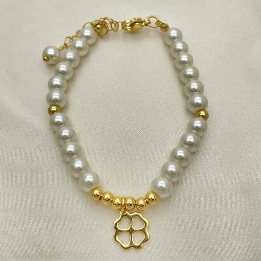 Oro Laminado Fancy Bracelet, Gold Filled Style Four-leaf Clover and Ball Design, with Ivory Pearl, Polished, Golden Finish