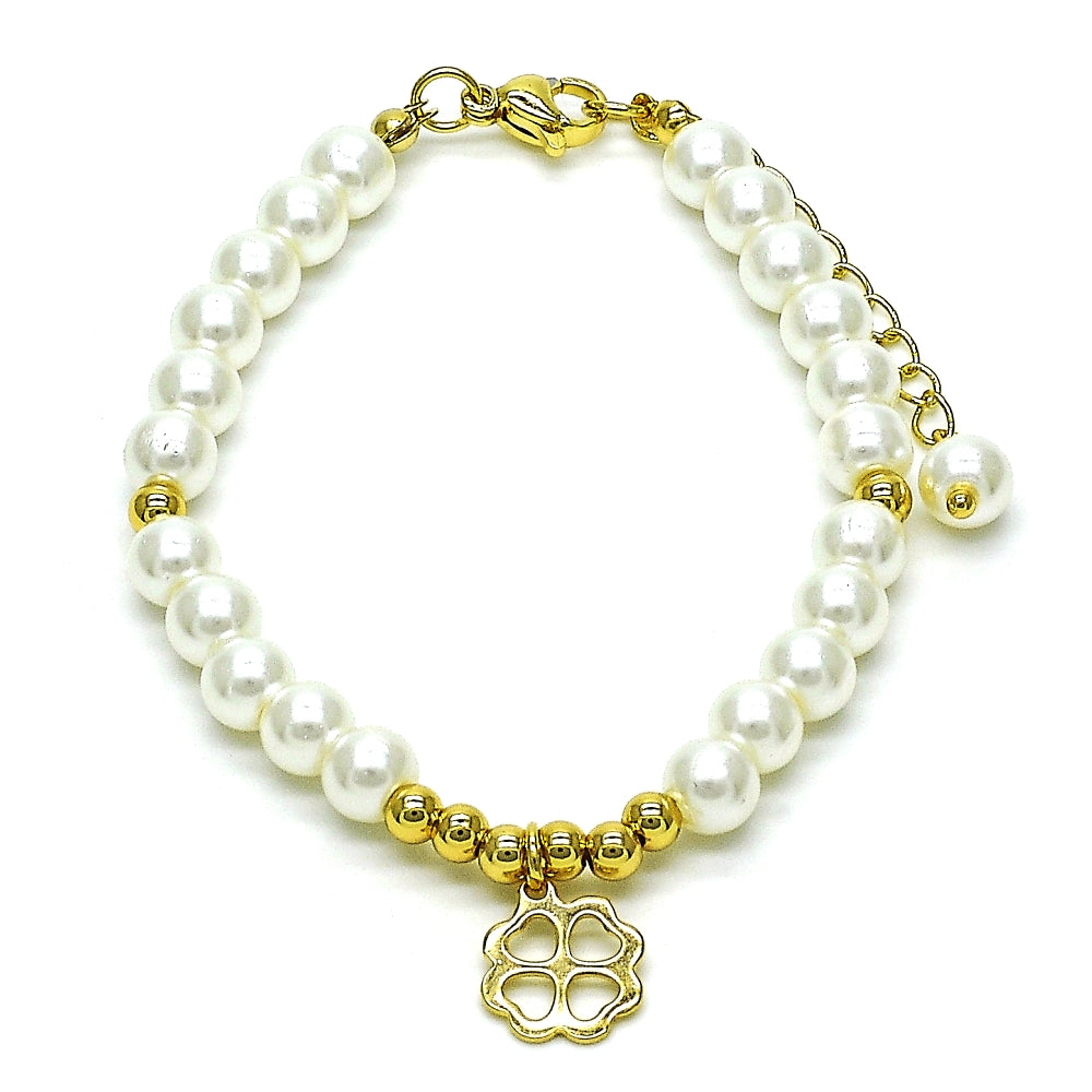 Oro Laminado Fancy Bracelet, Gold Filled Style Four-leaf Clover and Ball Design, with Ivory Pearl, Polished, Golden Finish