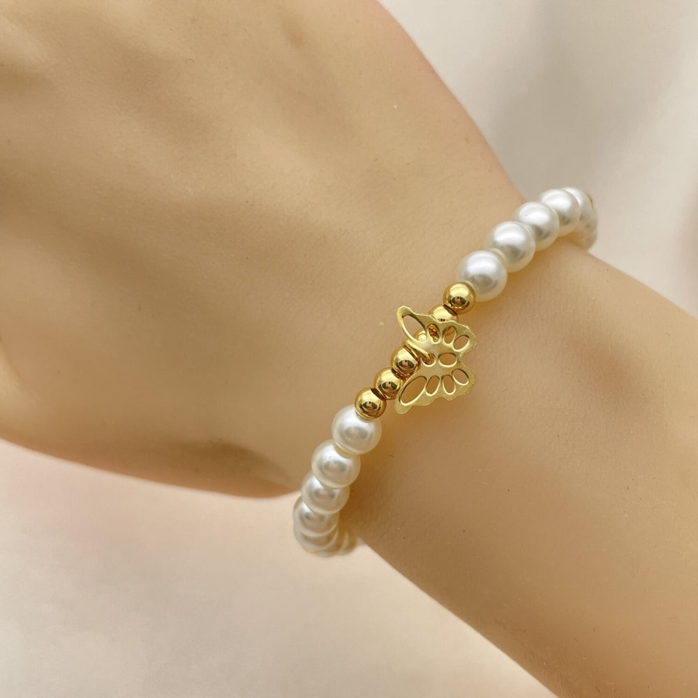 Oro Laminado Fancy Bracelet, Gold Filled Style Butterfly and Ball Design, with Ivory Pearl, Polished, Golden Finish