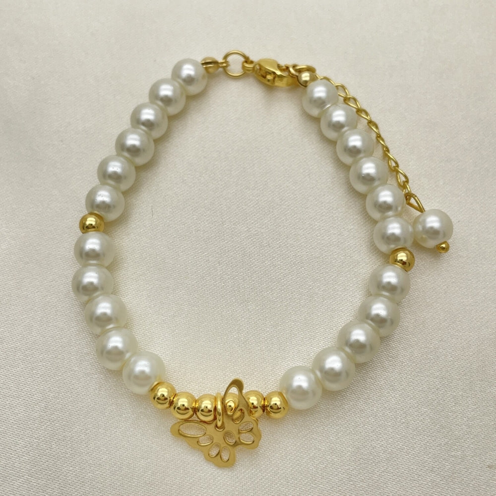 Oro Laminado Fancy Bracelet, Gold Filled Style Butterfly and Ball Design, with Ivory Pearl, Polished, Golden Finish