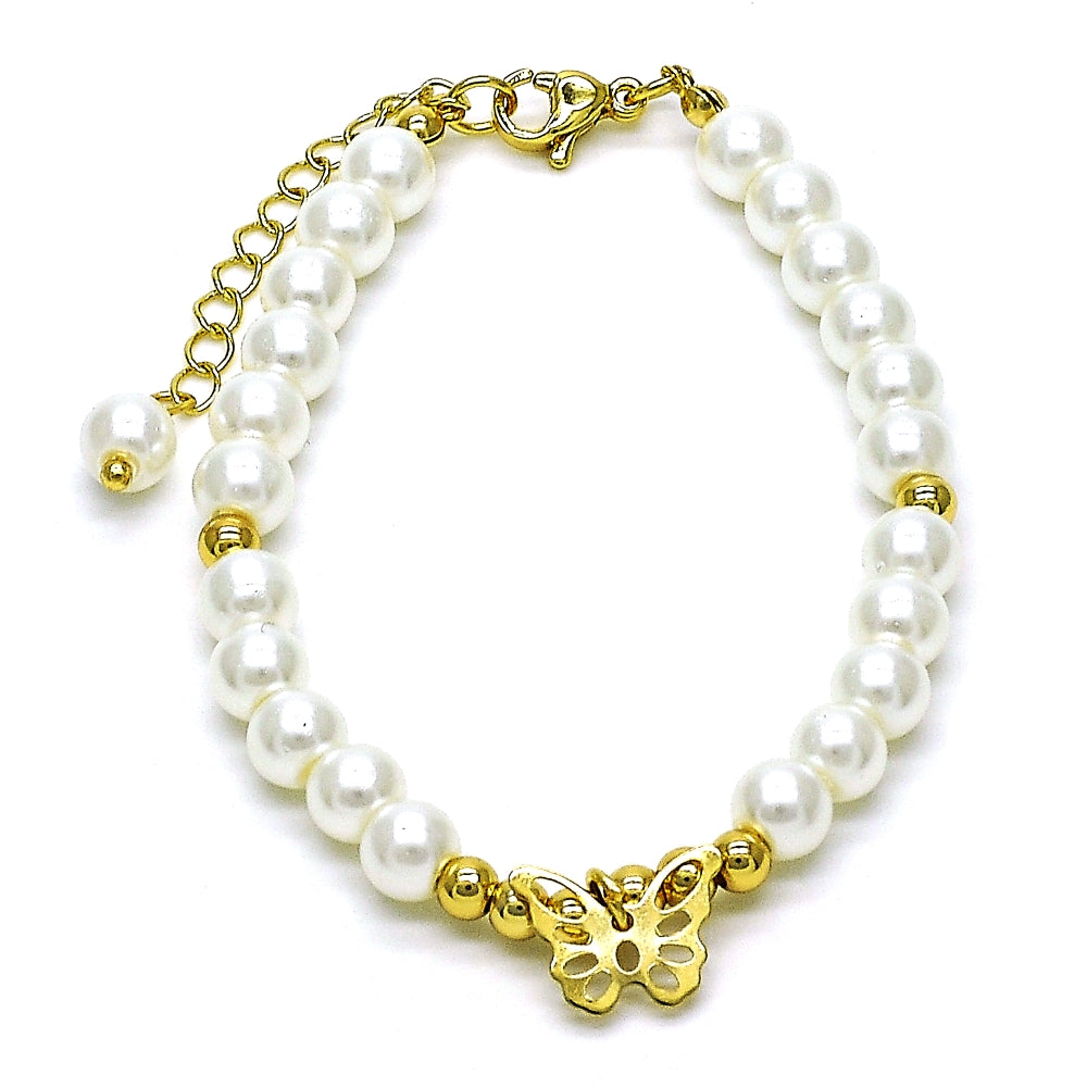 Oro Laminado Fancy Bracelet, Gold Filled Style Butterfly and Ball Design, with Ivory Pearl, Polished, Golden Finish