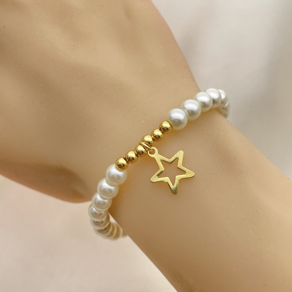 Oro Laminado Fancy Bracelet, Gold Filled Style Star and Ball Design, with Ivory Pearl, Polished, Golden Finish