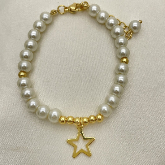 Oro Laminado Fancy Bracelet, Gold Filled Style Star and Ball Design, with Ivory Pearl, Polished, Golden Finish