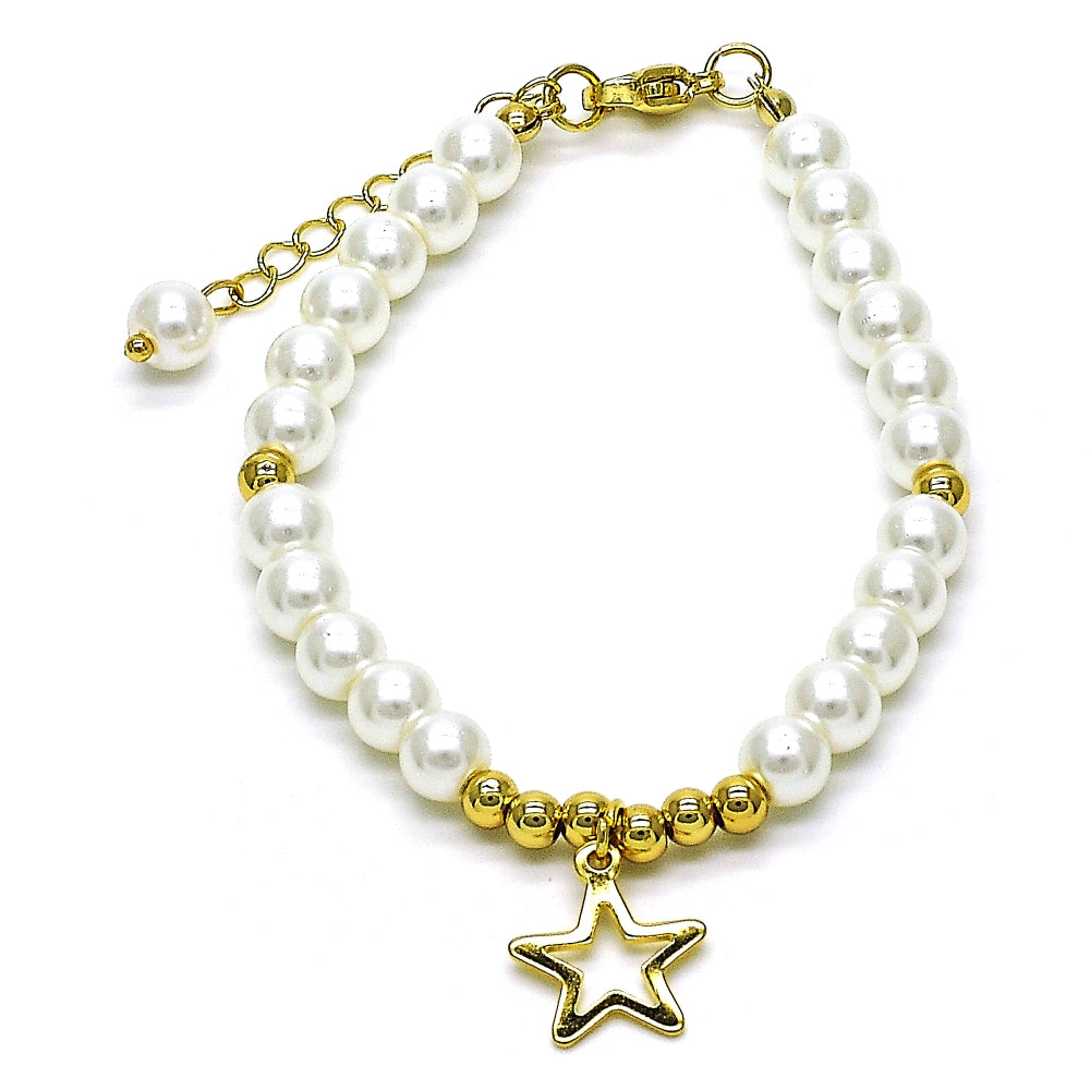 Oro Laminado Fancy Bracelet, Gold Filled Style Star and Ball Design, with Ivory Pearl, Polished, Golden Finish