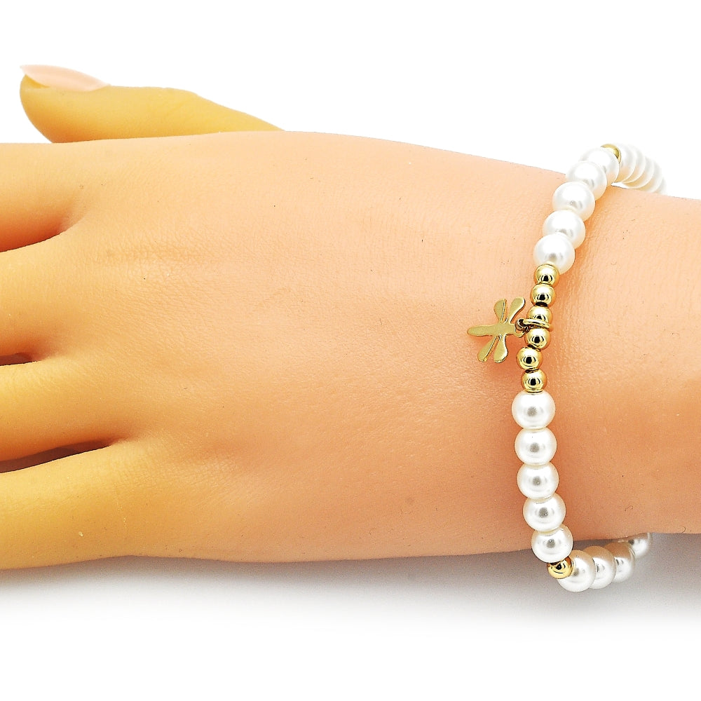 Oro Laminado Fancy Bracelet, Gold Filled Style Dragon-Fly and Ball Design, with Ivory Pearl, Polished, Golden Finish