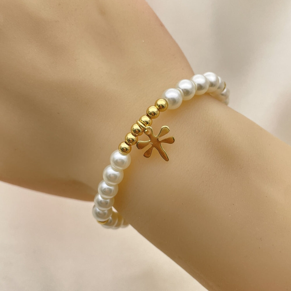 Oro Laminado Fancy Bracelet, Gold Filled Style Dragon-Fly and Ball Design, with Ivory Pearl, Polished, Golden Finish