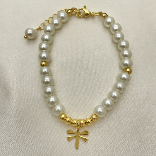 Oro Laminado Fancy Bracelet, Gold Filled Style Dragon-Fly and Ball Design, with Ivory Pearl, Polished, Golden Finish