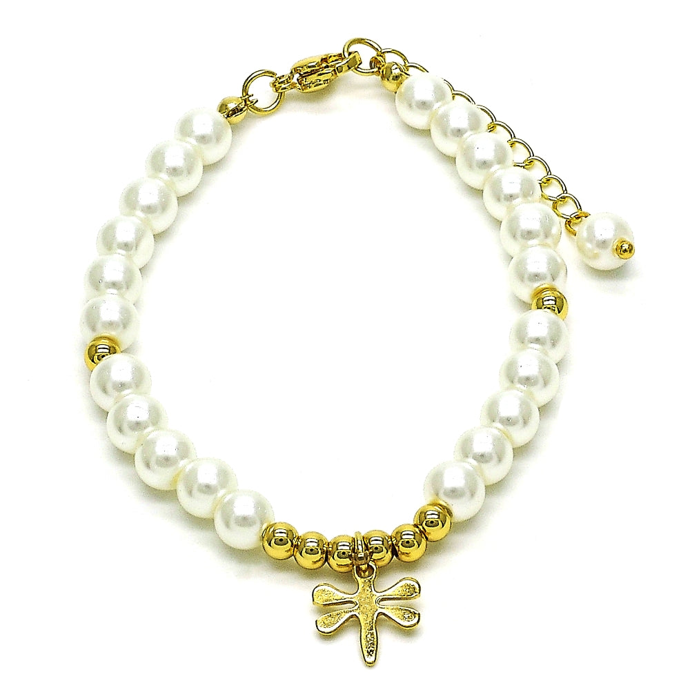 Oro Laminado Fancy Bracelet, Gold Filled Style Dragon-Fly and Ball Design, with Ivory Pearl, Polished, Golden Finish