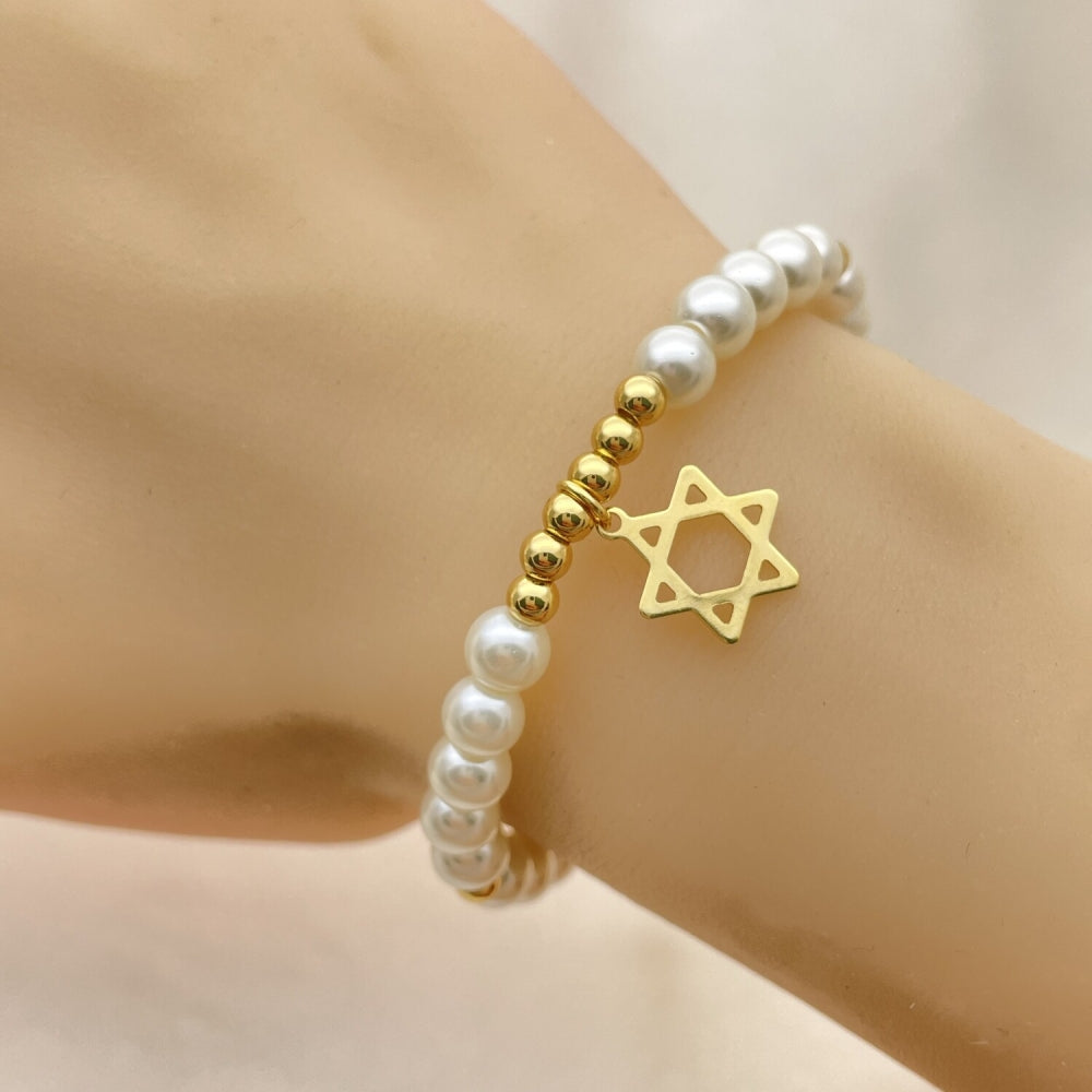 Oro Laminado Fancy Bracelet, Gold Filled Style Star of David and Ball Design, with Ivory Pearl, Polished, Golden Finish