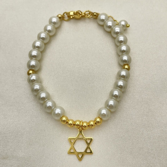 Oro Laminado Fancy Bracelet, Gold Filled Style Star of David and Ball Design, with Ivory Pearl, Polished, Golden Finish