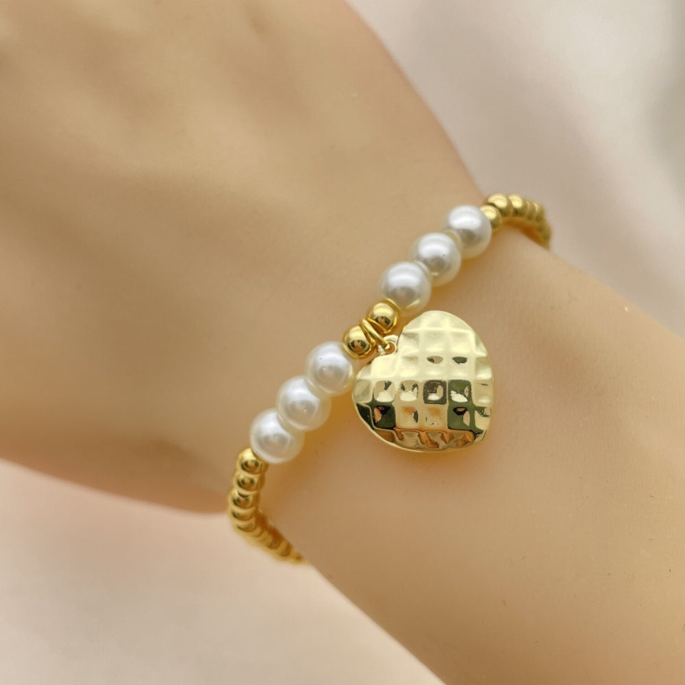 Oro Laminado Fancy Bracelet, Gold Filled Style Expandable Bead and Heart Design, with Ivory Pearl, Polished, Golden Finish