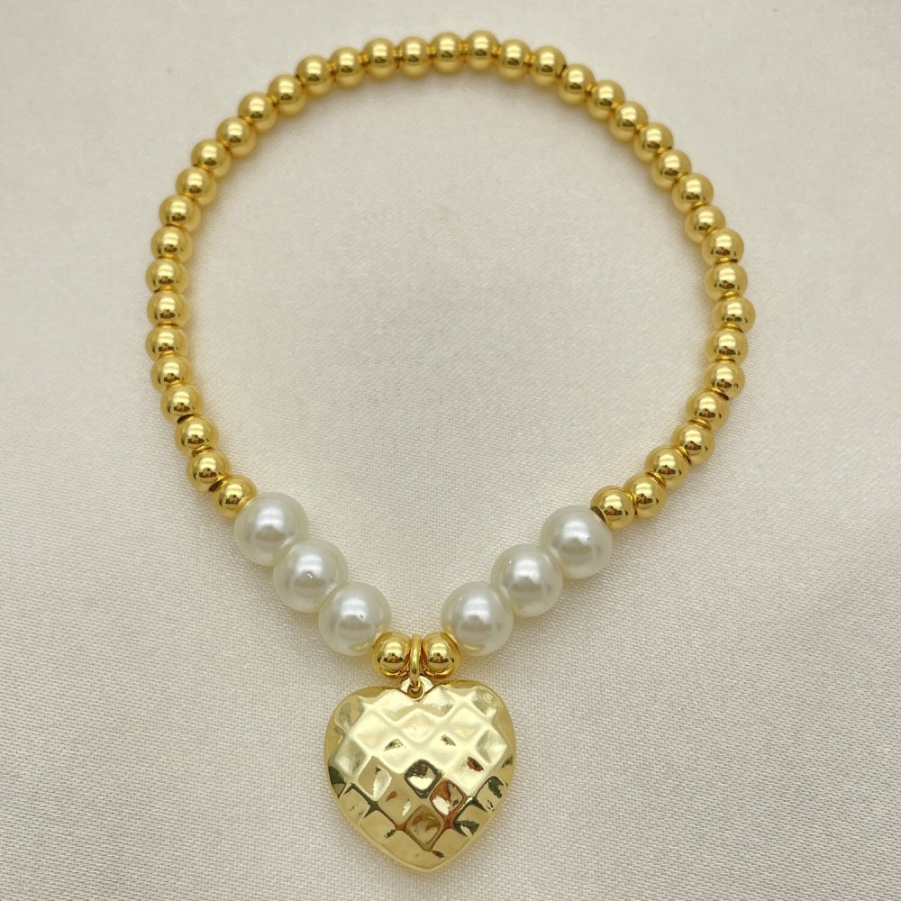 Oro Laminado Fancy Bracelet, Gold Filled Style Expandable Bead and Heart Design, with Ivory Pearl, Polished, Golden Finish