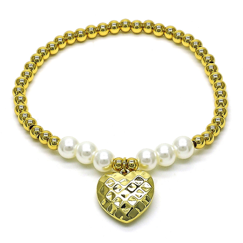 Oro Laminado Fancy Bracelet, Gold Filled Style Expandable Bead and Heart Design, with Ivory Pearl, Polished, Golden Finish
