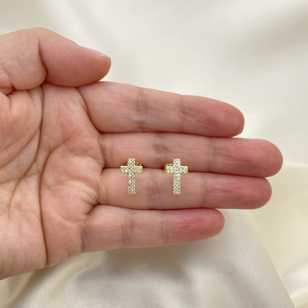 Oro Laminado Stud Earring, Gold Filled Style Cross Design, with White Micro Pave, Polished, Golden Finish