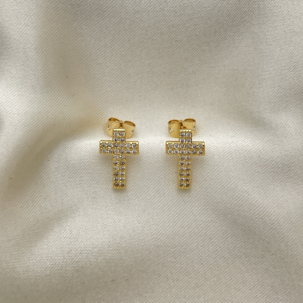 Oro Laminado Stud Earring, Gold Filled Style Cross Design, with White Micro Pave, Polished, Golden Finish