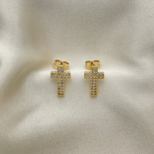 Oro Laminado Stud Earring, Gold Filled Style Cross Design, with White Micro Pave, Polished, Golden Finish