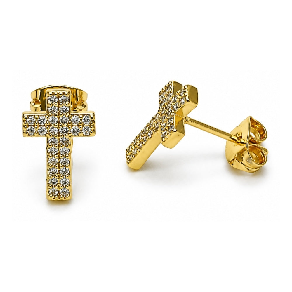 Oro Laminado Stud Earring, Gold Filled Style Cross Design, with White Micro Pave, Polished, Golden Finish