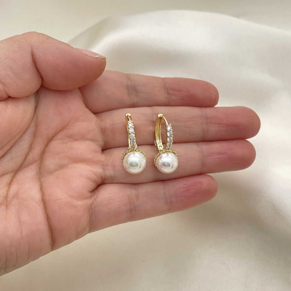 Oro Laminado Huggie Hoop, Gold Filled Style with Ivory Pearl and White Cubic Zirconia, Polished, Golden Finish