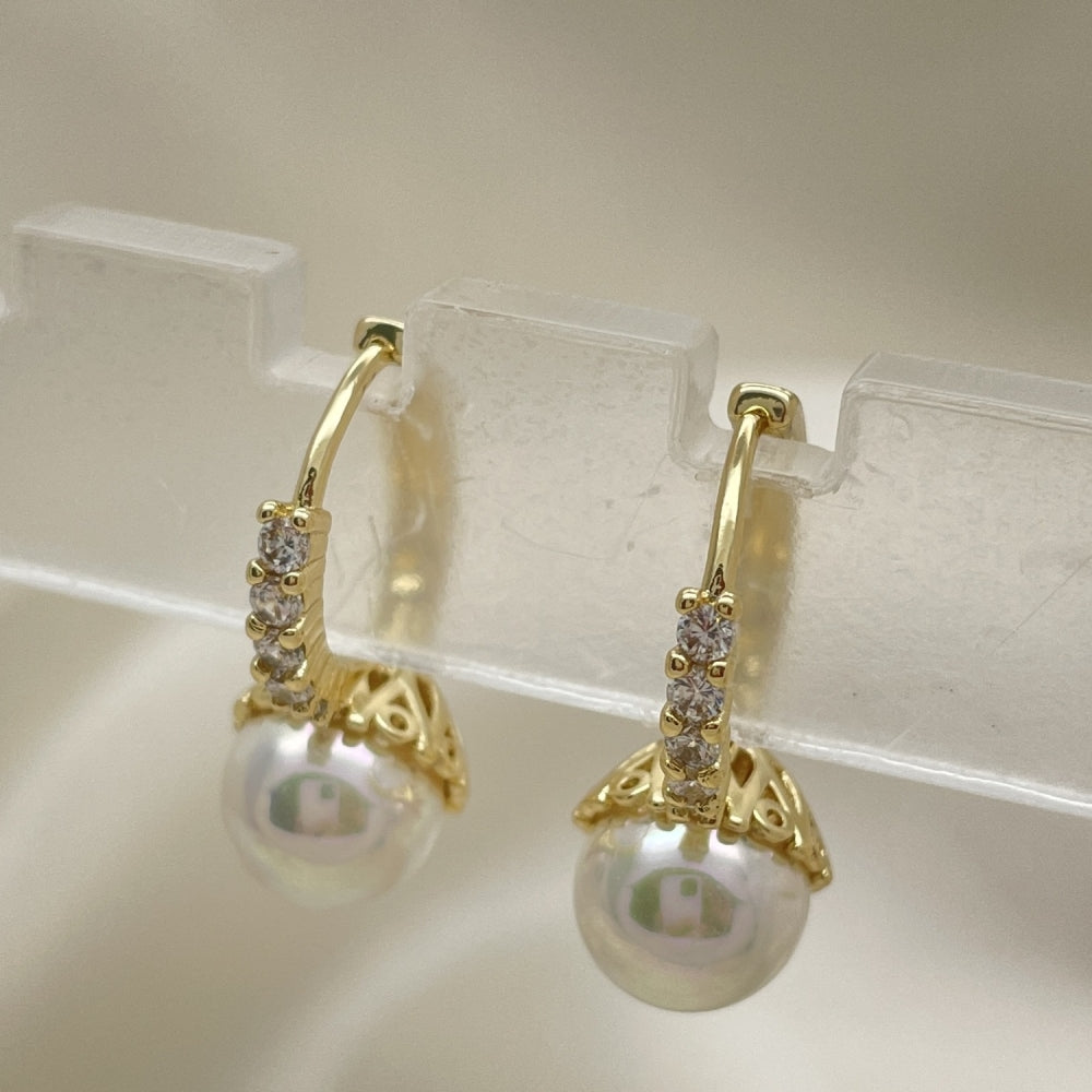 Oro Laminado Huggie Hoop, Gold Filled Style with Ivory Pearl and White Cubic Zirconia, Polished, Golden Finish