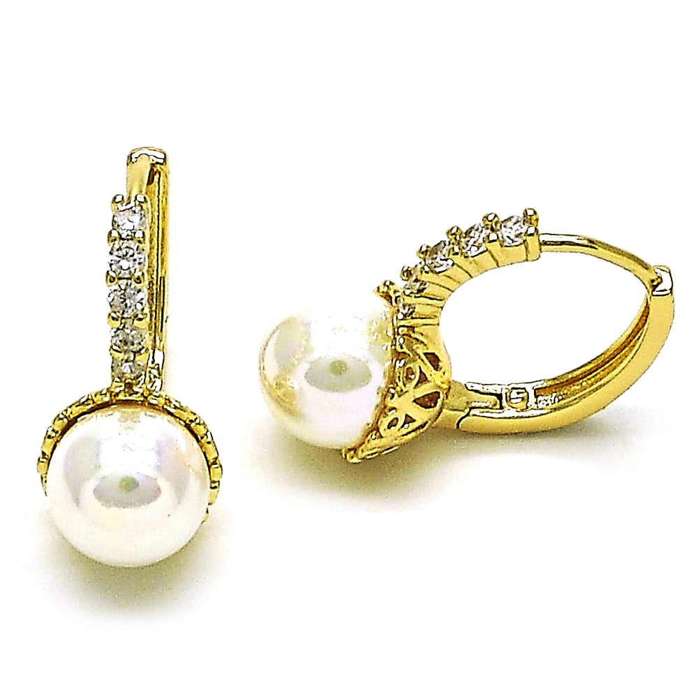 Oro Laminado Huggie Hoop, Gold Filled Style with Ivory Pearl and White Cubic Zirconia, Polished, Golden Finish
