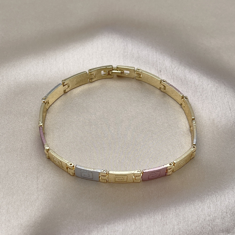 Oro Laminado Solid Bracelet, Gold Filled Style Greek Key Design, Polished, Tricolor