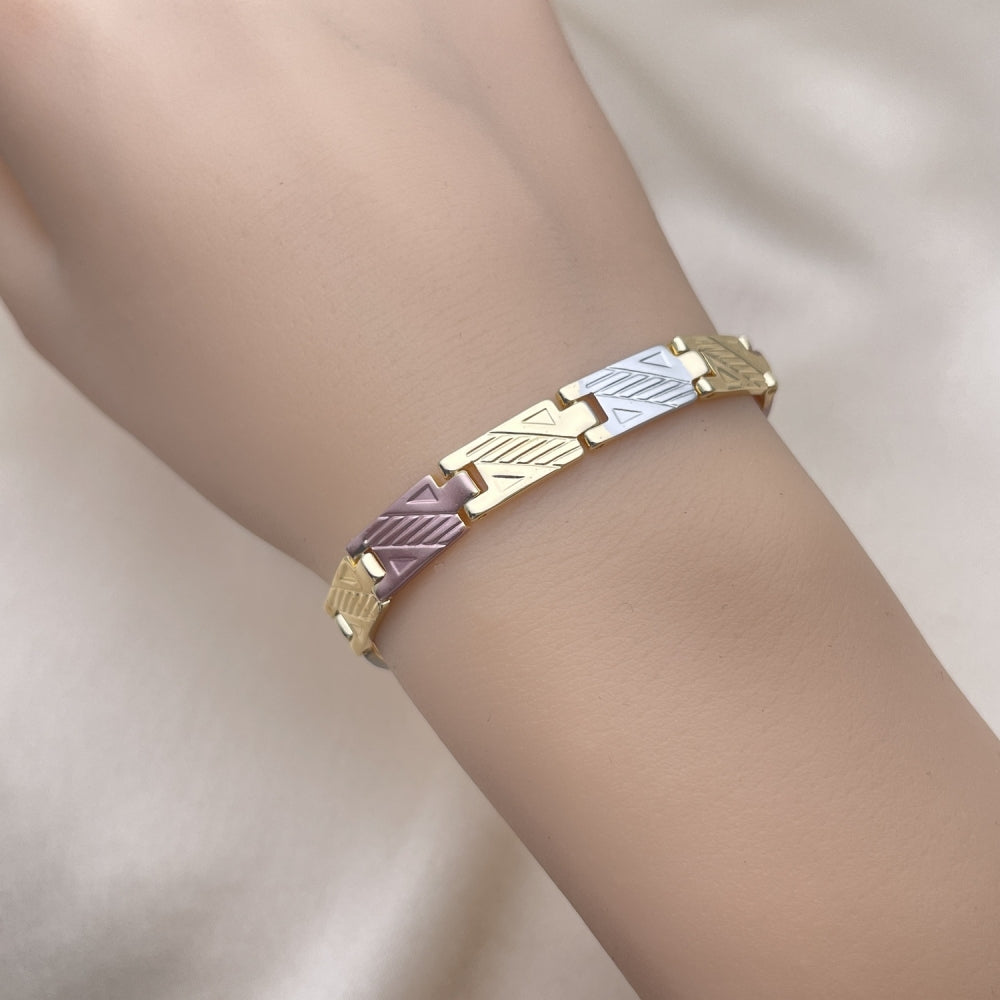 Oro Laminado Solid Bracelet, Gold Filled Style Diamond Cutting Finish, Tricolor