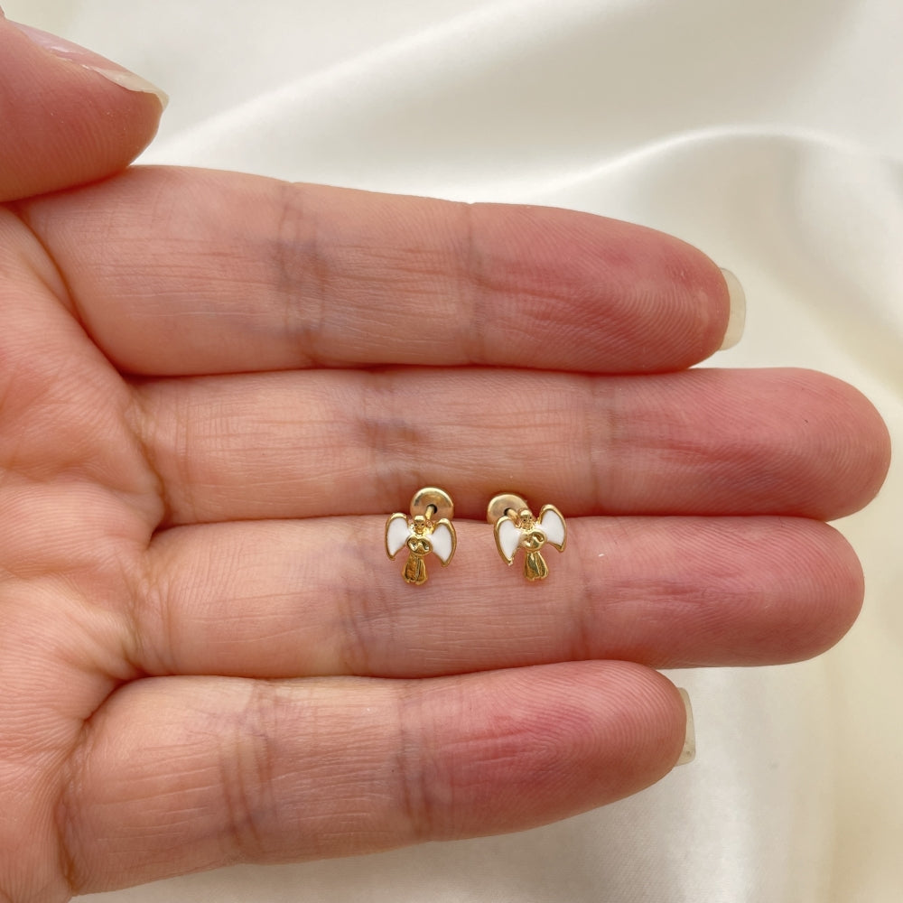 Oro Laminado Stud Earring, Gold Filled Style Angel Design, White Enamel Finish, Golden Finish