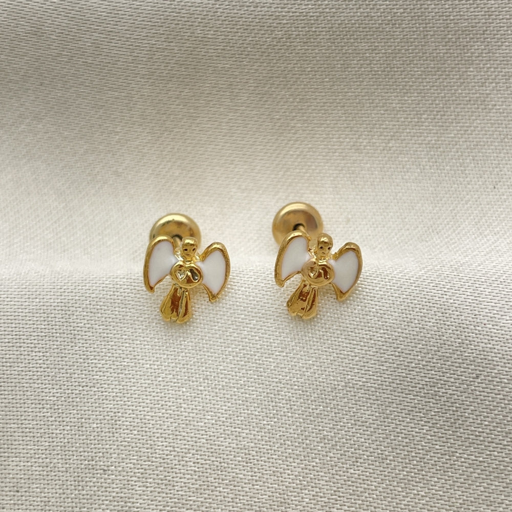Oro Laminado Stud Earring, Gold Filled Style Angel Design, White Enamel Finish, Golden Finish