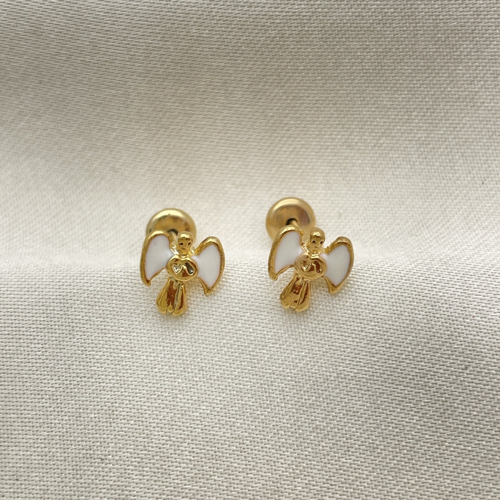 Oro Laminado Stud Earring, Gold Filled Style Angel Design, White Enamel Finish, Golden Finish