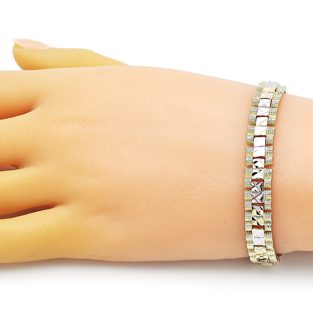 Oro Laminado Solid Bracelet, Gold Filled Style Diamond Cutting Finish, Tricolor