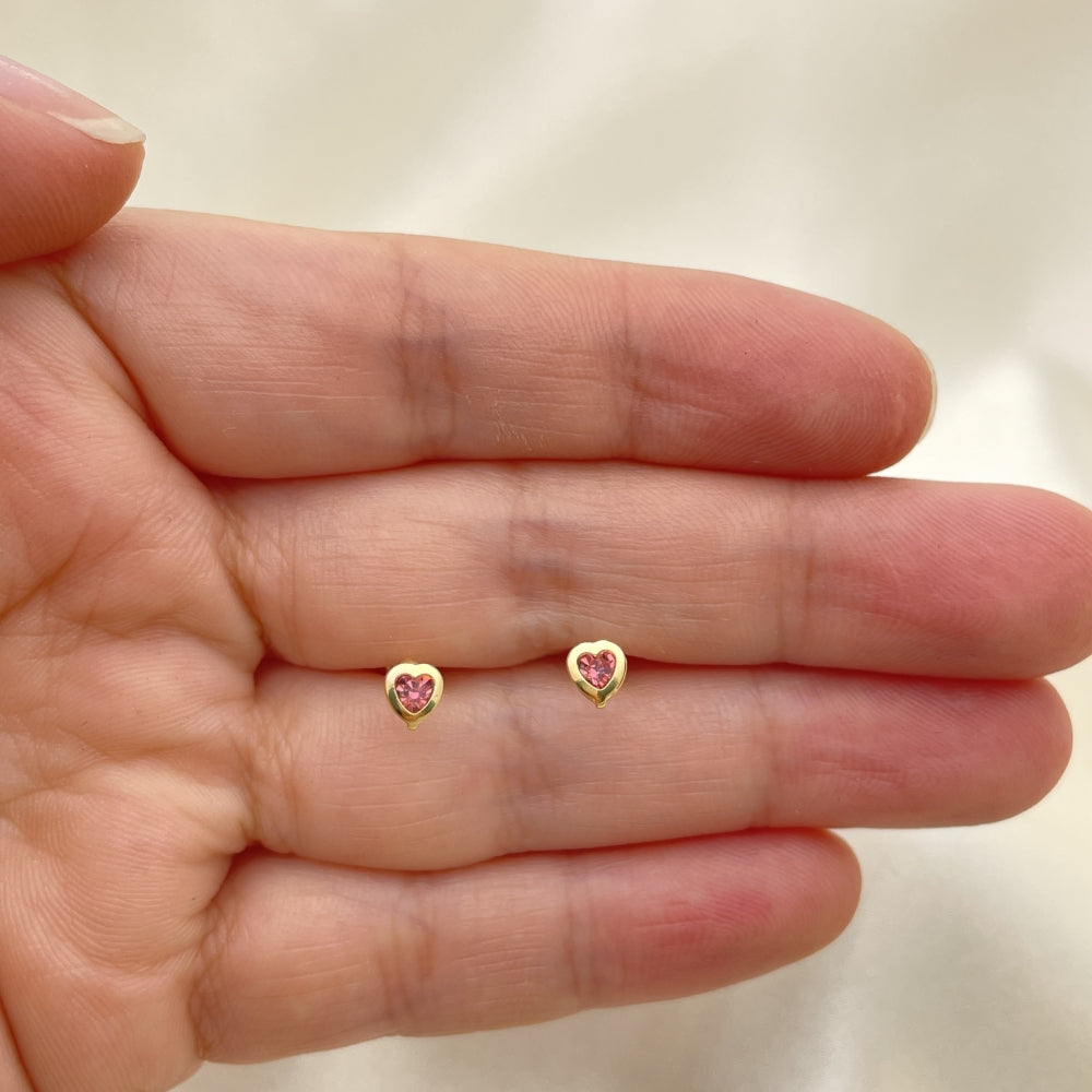 Oro Laminado Stud Earring, Gold Filled Style Heart Design, with Pink Cubic Zirconia, Polished, Golden Finish
