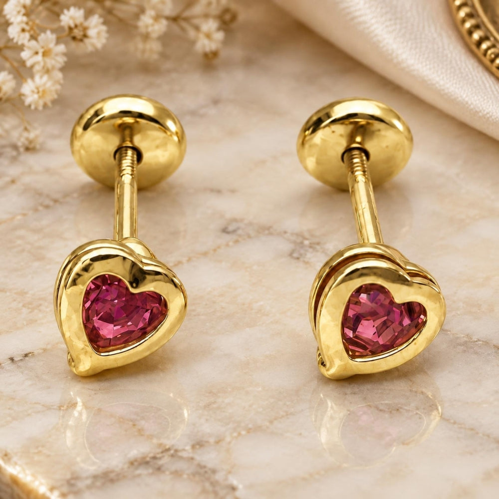 Oro Laminado Stud Earring, Gold Filled Style Heart Design, with Pink Cubic Zirconia, Polished, Golden Finish
