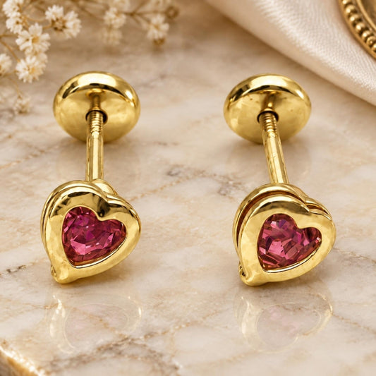 Oro Laminado Stud Earring, Gold Filled Style Heart Design, with Pink Cubic Zirconia, Polished, Golden Finish