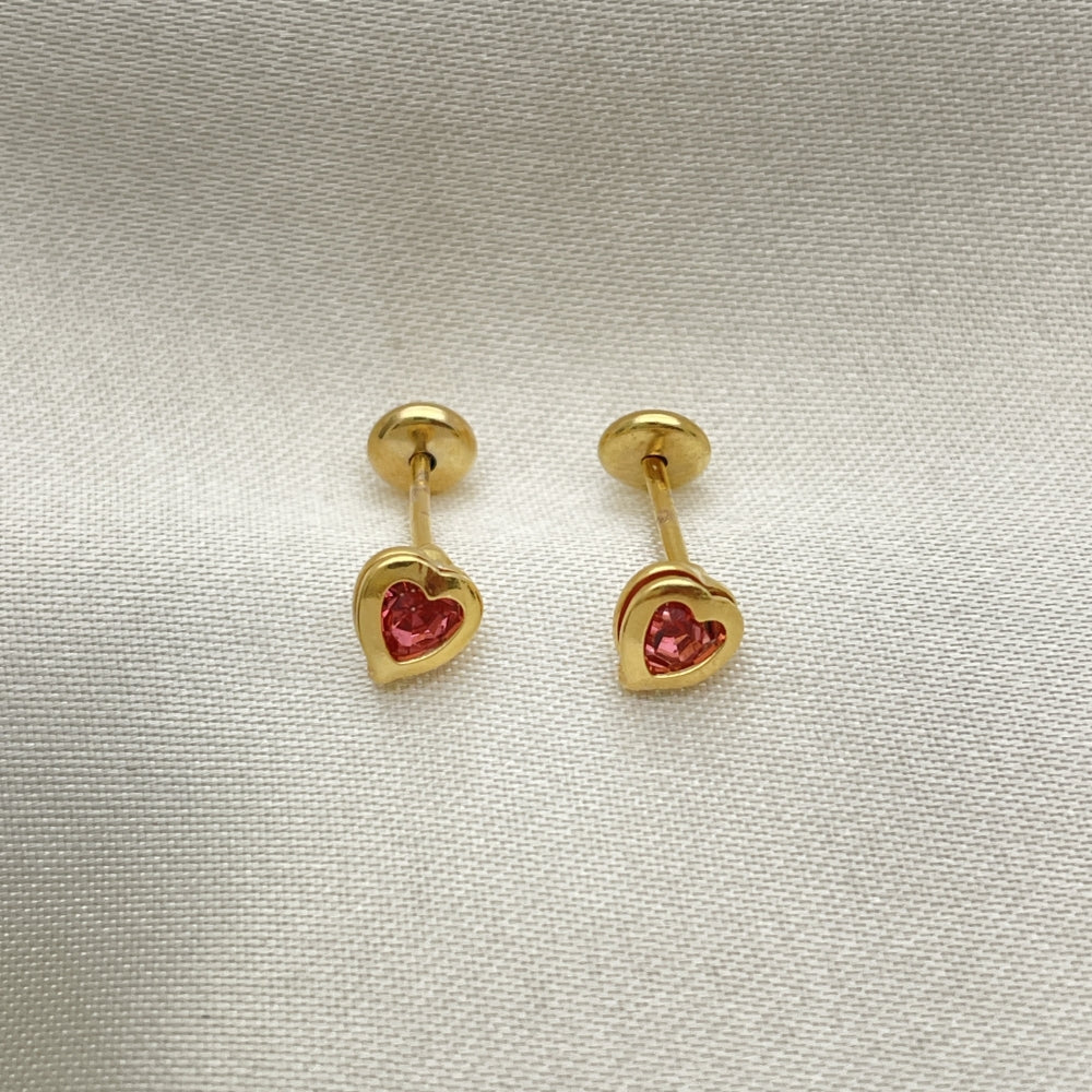 Oro Laminado Stud Earring, Gold Filled Style Heart Design, with Pink Cubic Zirconia, Polished, Golden Finish