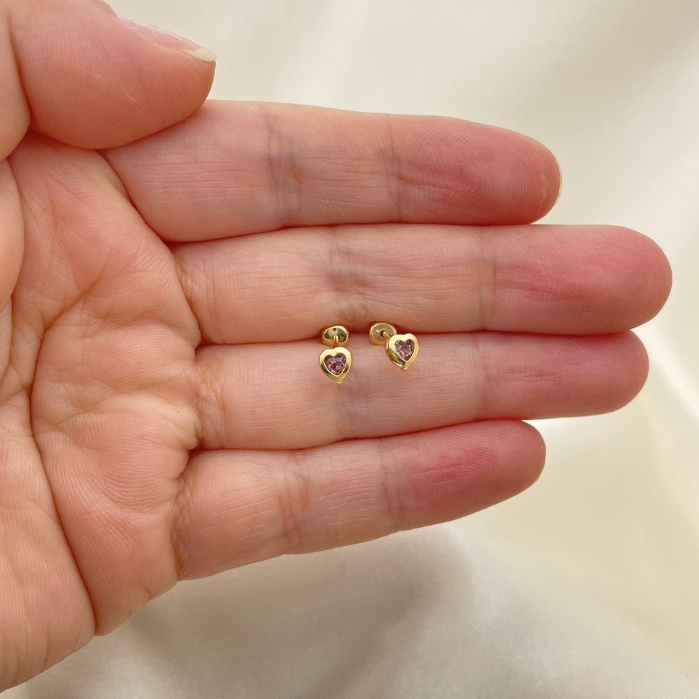 Oro Laminado Stud Earring, Gold Filled Style Heart Design, with Violet Cubic Zirconia, Polished, Golden Finish