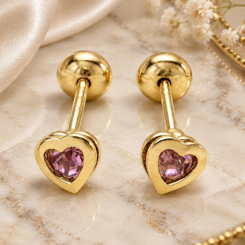 Oro Laminado Stud Earring, Gold Filled Style Heart Design, with Violet Cubic Zirconia, Polished, Golden Finish