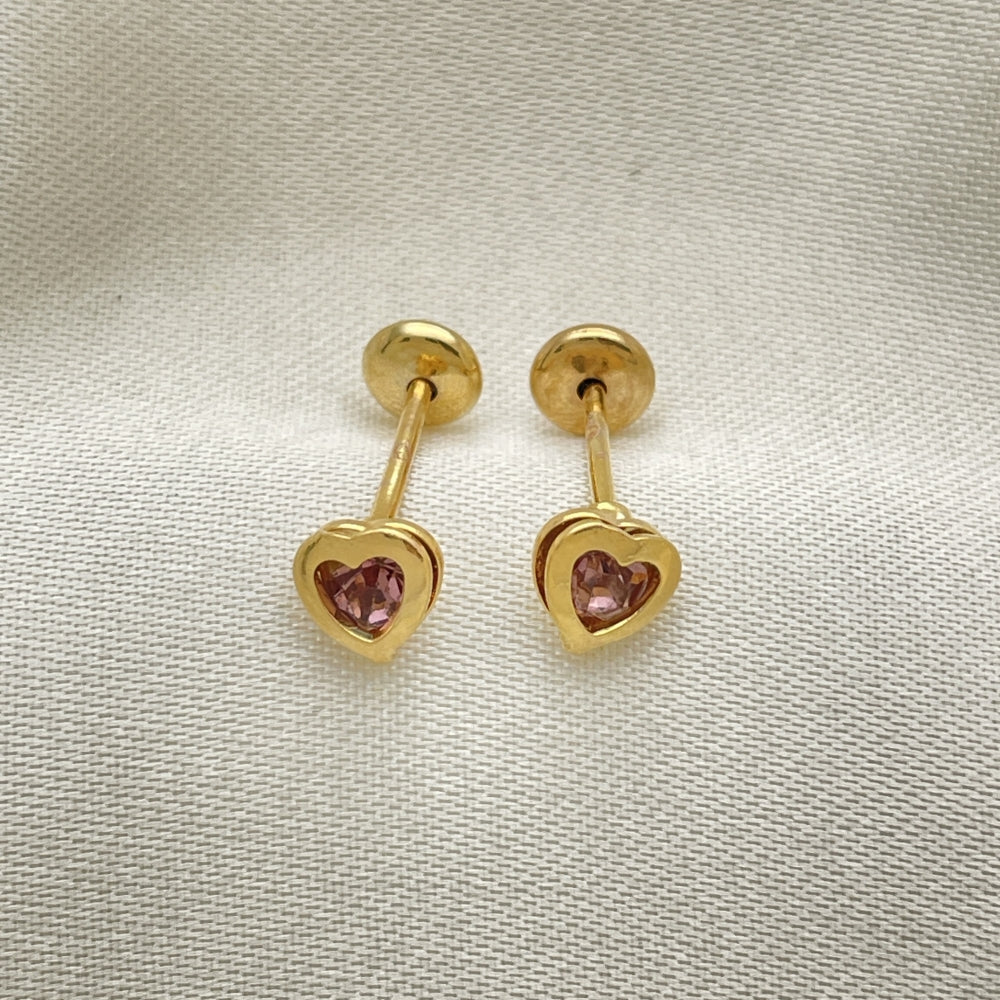 Oro Laminado Stud Earring, Gold Filled Style Heart Design, with Violet Cubic Zirconia, Polished, Golden Finish