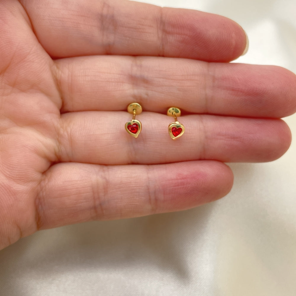 Oro Laminado Stud Earring, Gold Filled Style Heart Design, with Garnet Cubic Zirconia, Polished, Golden Finish