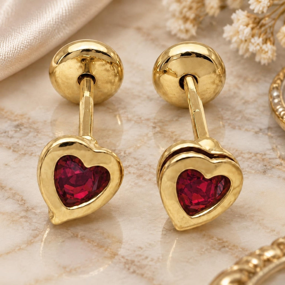 Oro Laminado Stud Earring, Gold Filled Style Heart Design, with Garnet Cubic Zirconia, Polished, Golden Finish