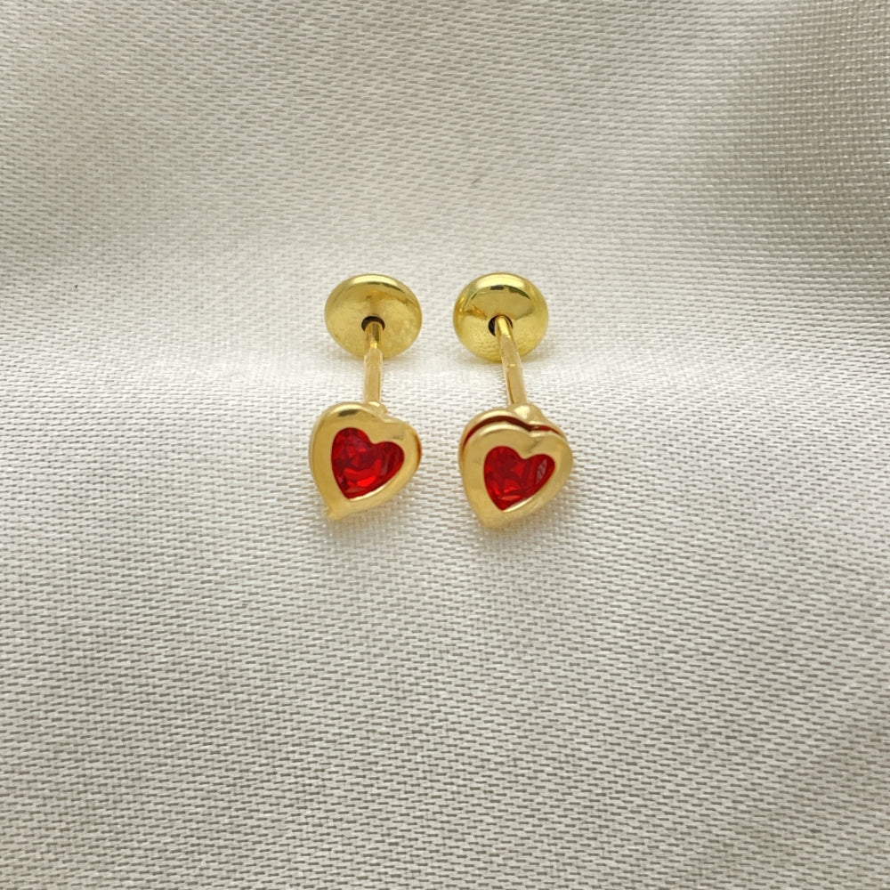 Oro Laminado Stud Earring, Gold Filled Style Heart Design, with Garnet Cubic Zirconia, Polished, Golden Finish
