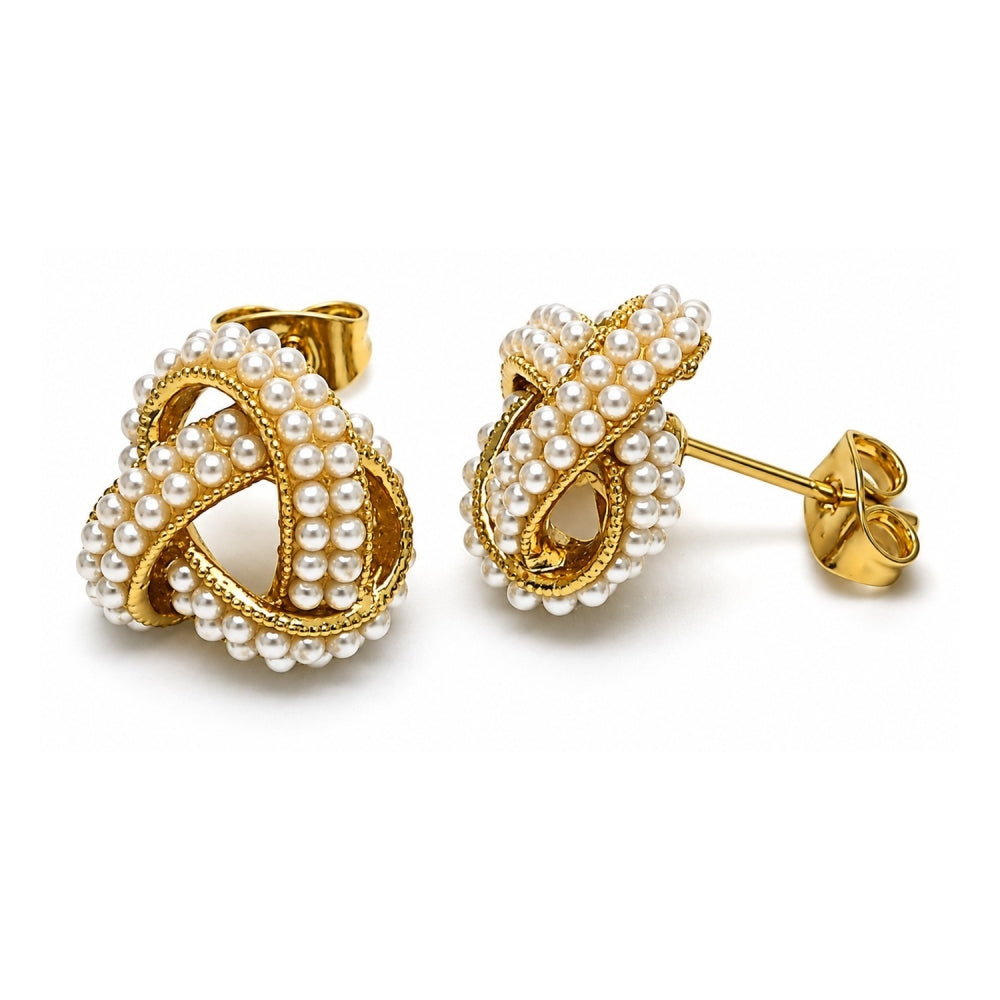 Oro Laminado Stud Earring, Gold Filled Style Love Knot Design, with Ivory Pearl, Polished, Golden Finish