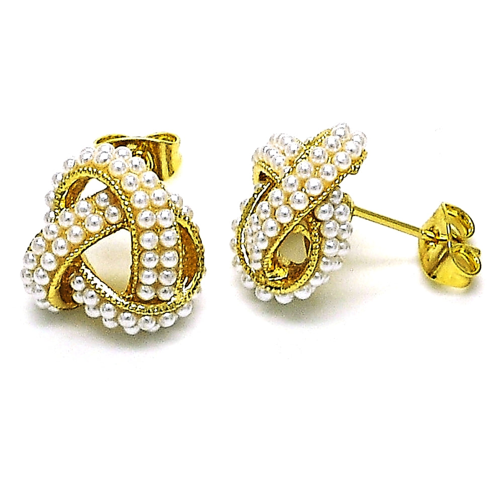 Oro Laminado Stud Earring, Gold Filled Style Love Knot Design, with Ivory Pearl, Polished, Golden Finish